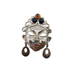Vintage Silvertone Glass Cab Mask Lady Brooch (A3342)